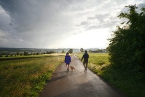 Couple walking a dog with a nice view outdoors.